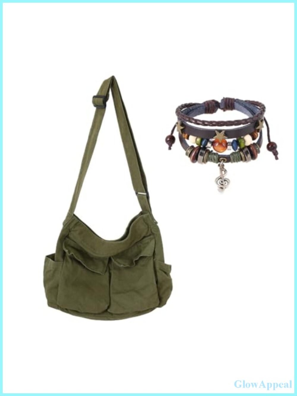 Canvas Messenger Hobo Crossbody Bag Adjustable Strap Fairy Grunge Bracelet Set